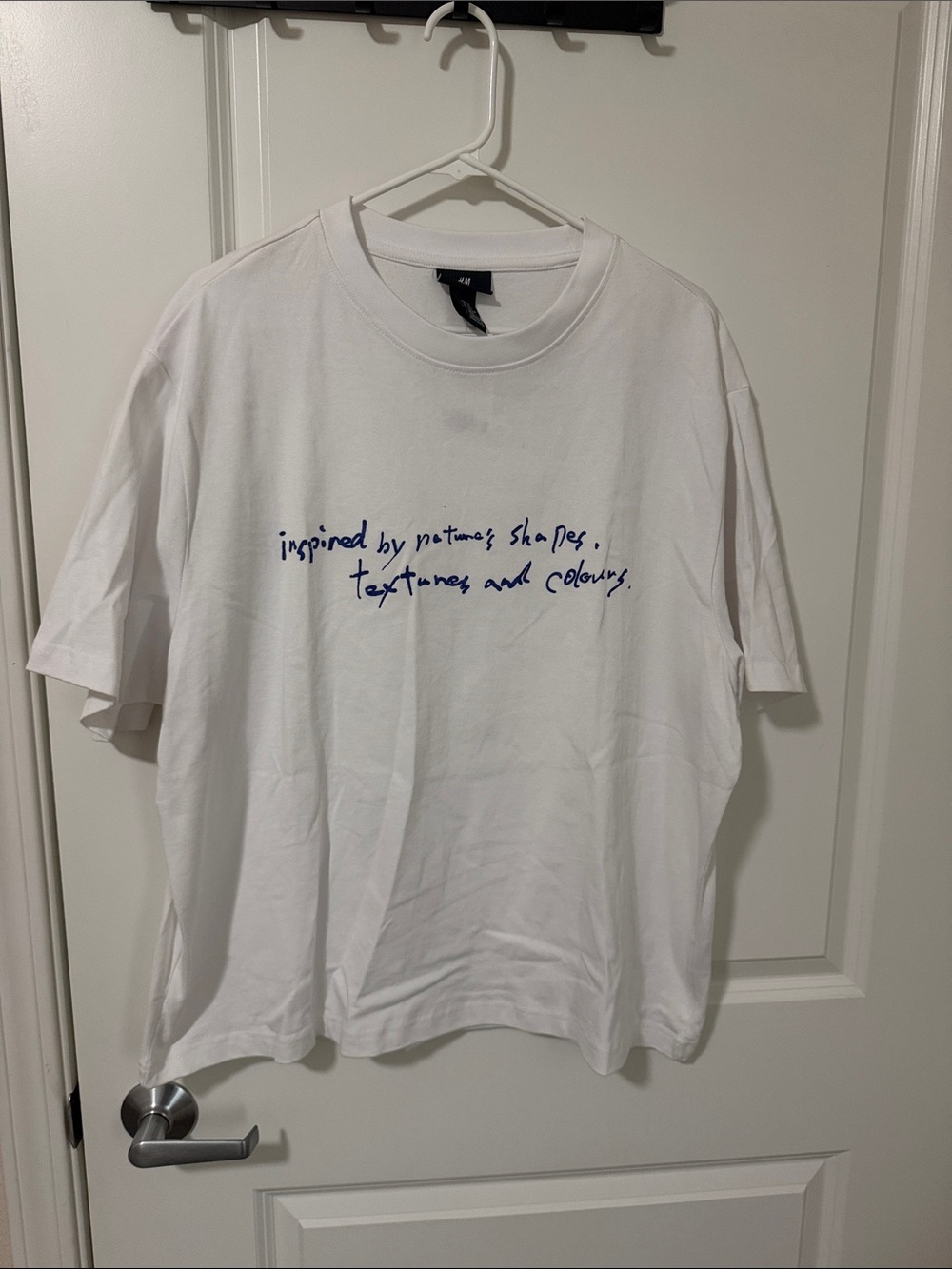 White Graphic Crewneck T-Shirt with Blue Script